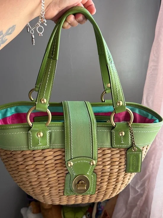 Coach Straw Tote with Lime Green Leather Trim - Picture 6 of 6